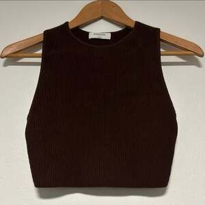 Babaton Brown Ribbed Crop High Neck Tank Top S